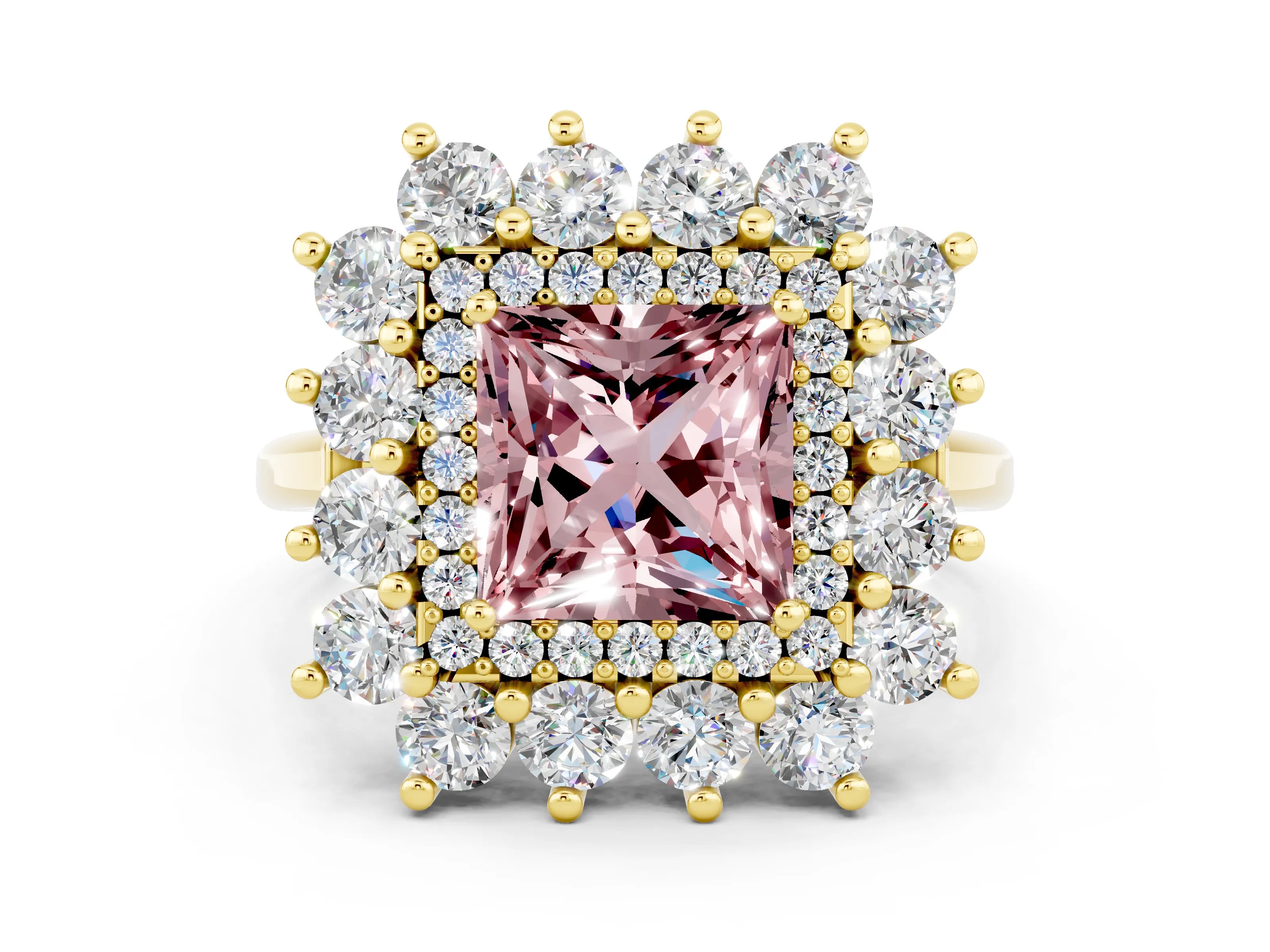 Yellow gold Princess Cut Halo Cluster Diamond Ring with Pave Band and Four-Prong Setting_18