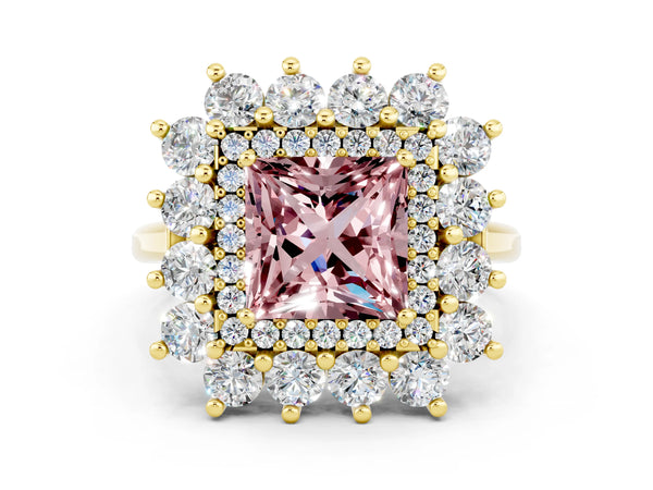 Yellow gold Princess Cut Halo Cluster Diamond Ring with Pave Band and Four-Prong Setting