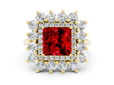 Yellow gold Princess Cut Halo Cluster Diamond Ring with Pave Band and Four-Prong Setting_18
