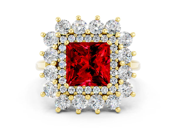 Yellow gold Princess Cut Ruby Floral Double Halo Engagement Ring with Prong Setting