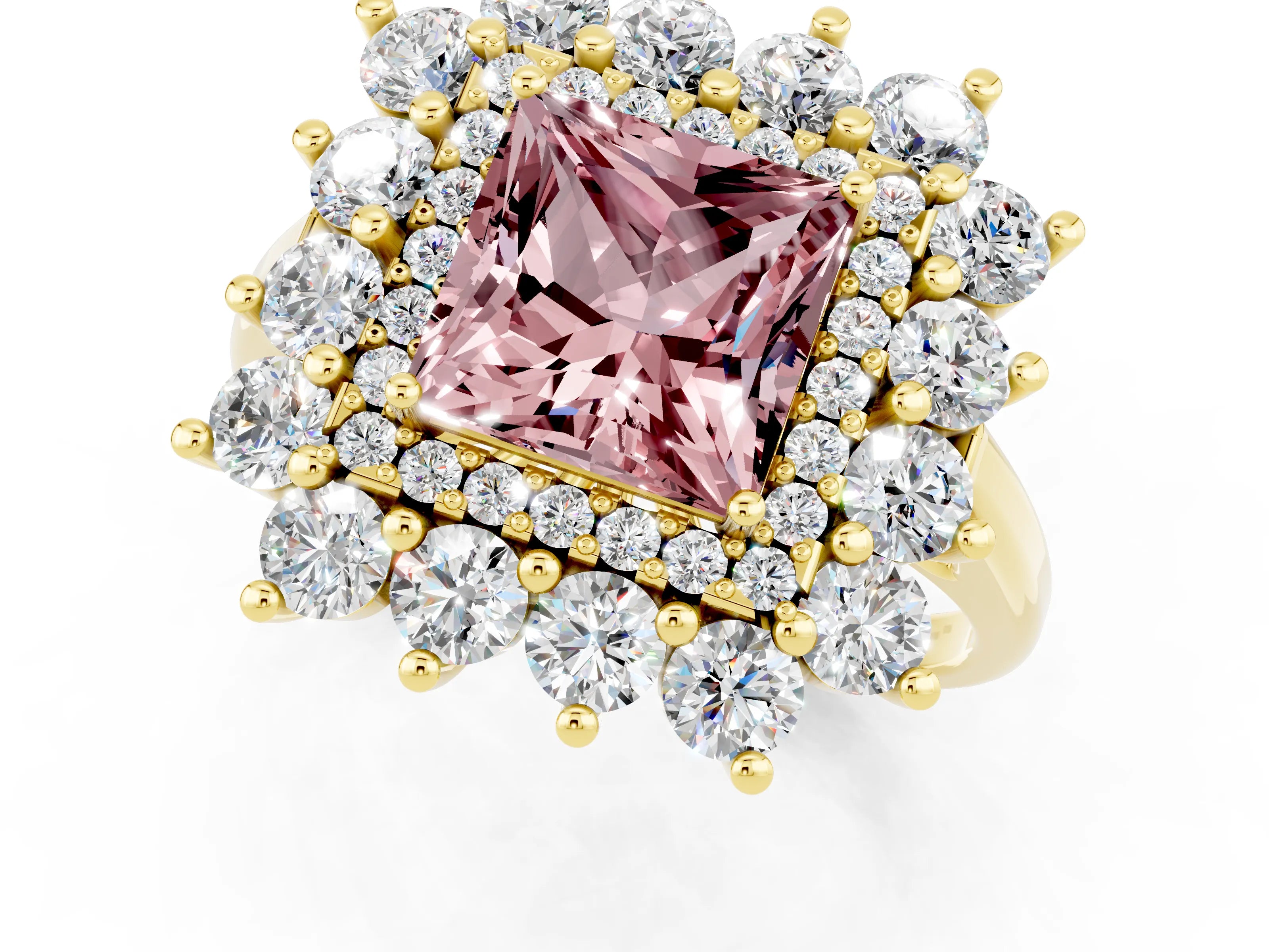 Yellow gold Princess Cut Halo Cluster Diamond Ring with Pave Band and Four-Prong Setting_19