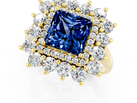 Yellow gold Princess Cut Halo Cluster Diamond Ring with Pave Band and Four-Prong Setting_19