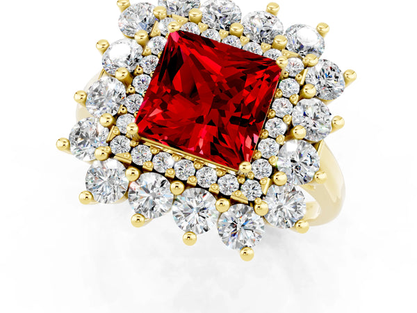 Yellow gold Princess Cut Ruby Floral Double Halo Engagement Ring with Prong Setting