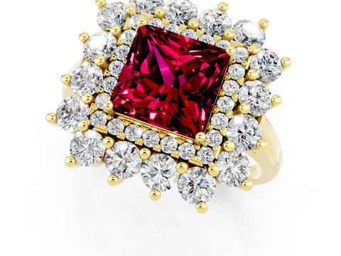 Yellow gold Princess Cut Halo Cluster Diamond Ring with Pave Band and Four-Prong Setting_1