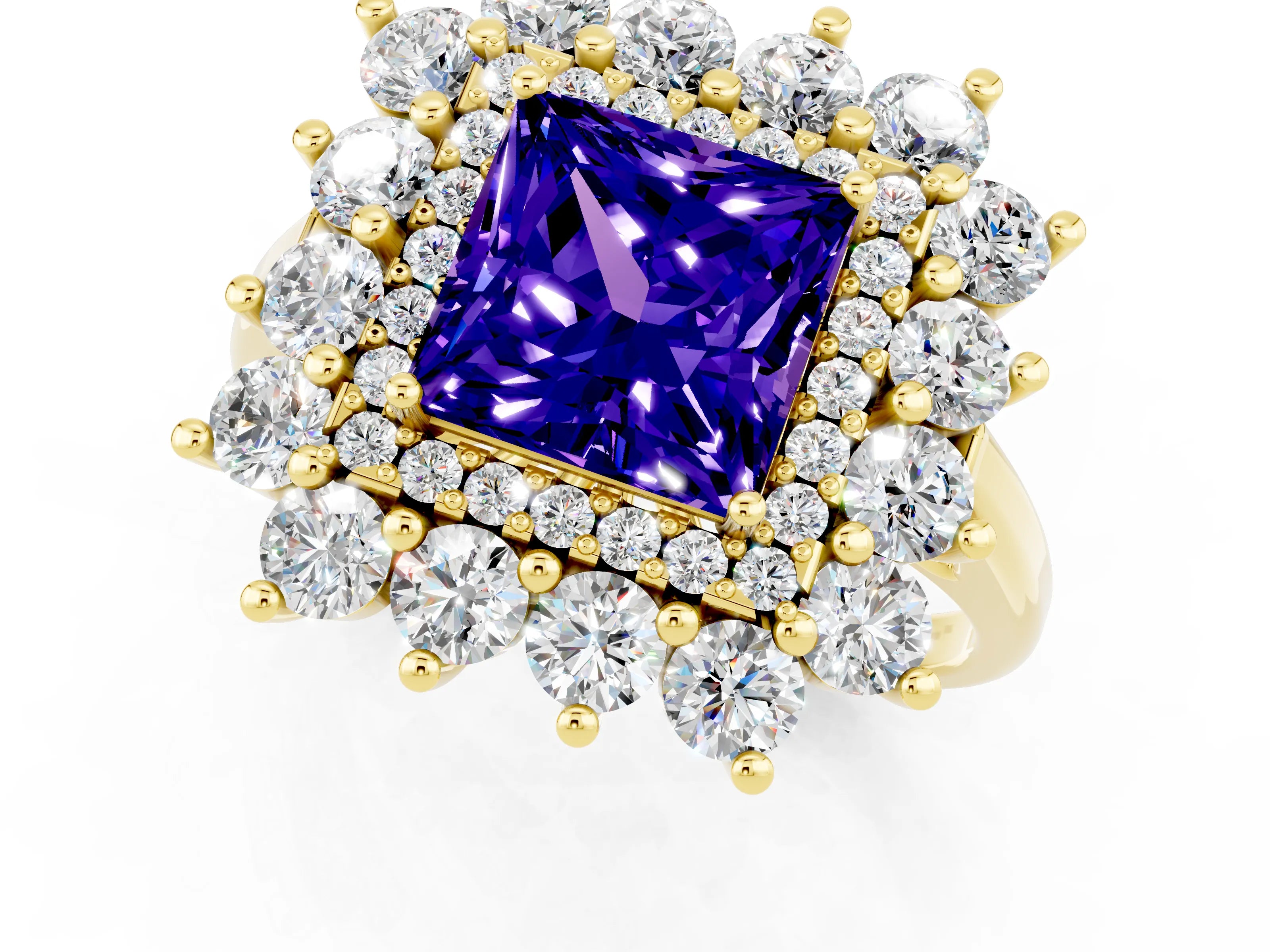 Yellow gold Princess Cut Halo Cluster Diamond Ring with Pave Band and Four-Prong Setting_1