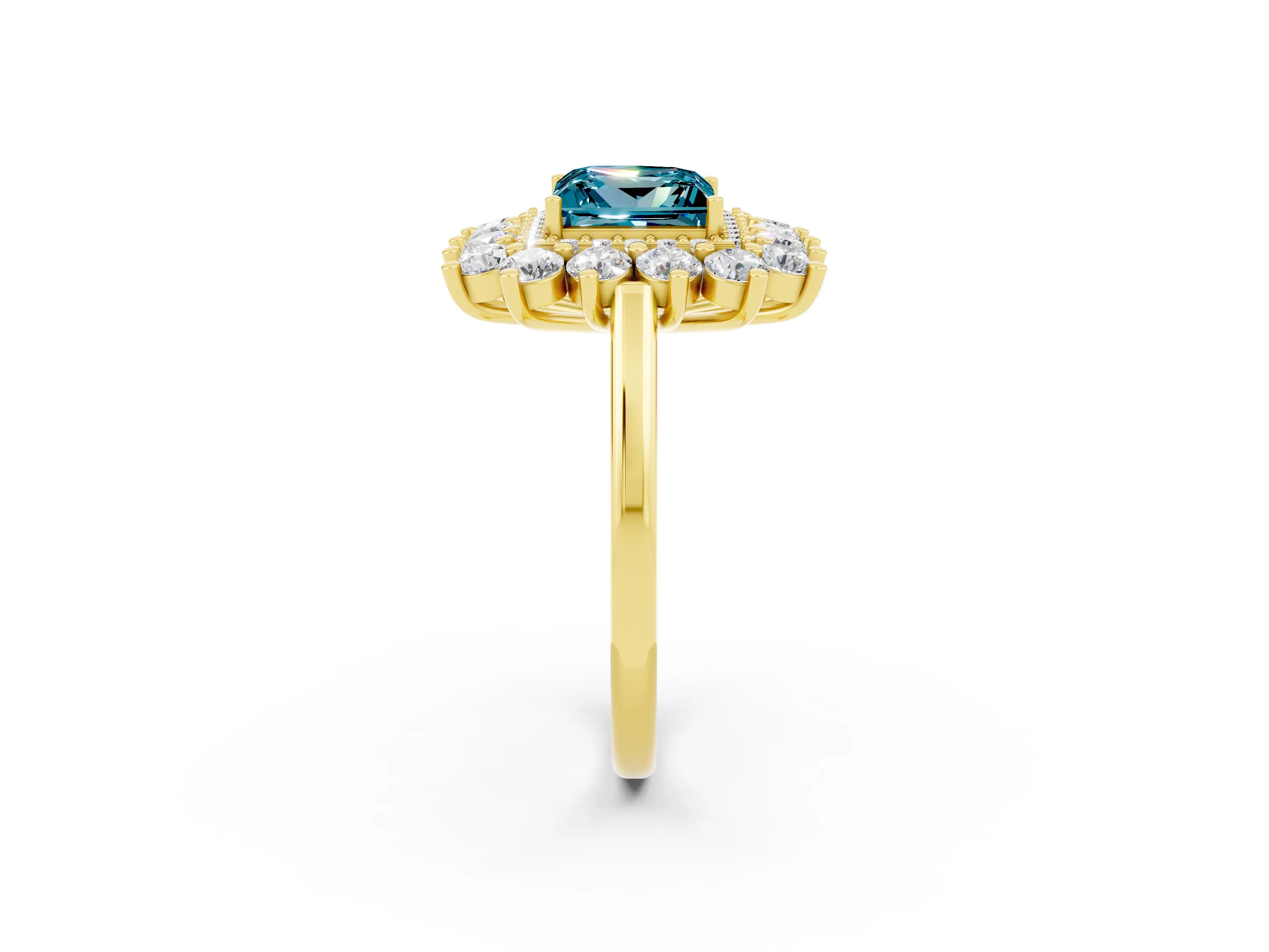 Yellow gold Princess Cut Halo Cluster Diamond Ring with Pave Band and Four-Prong Setting_2