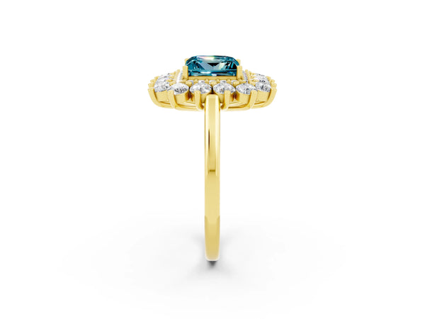 Yellow gold Princess Cut Halo Cluster Diamond Ring with Pave Band and Four-Prong Setting
