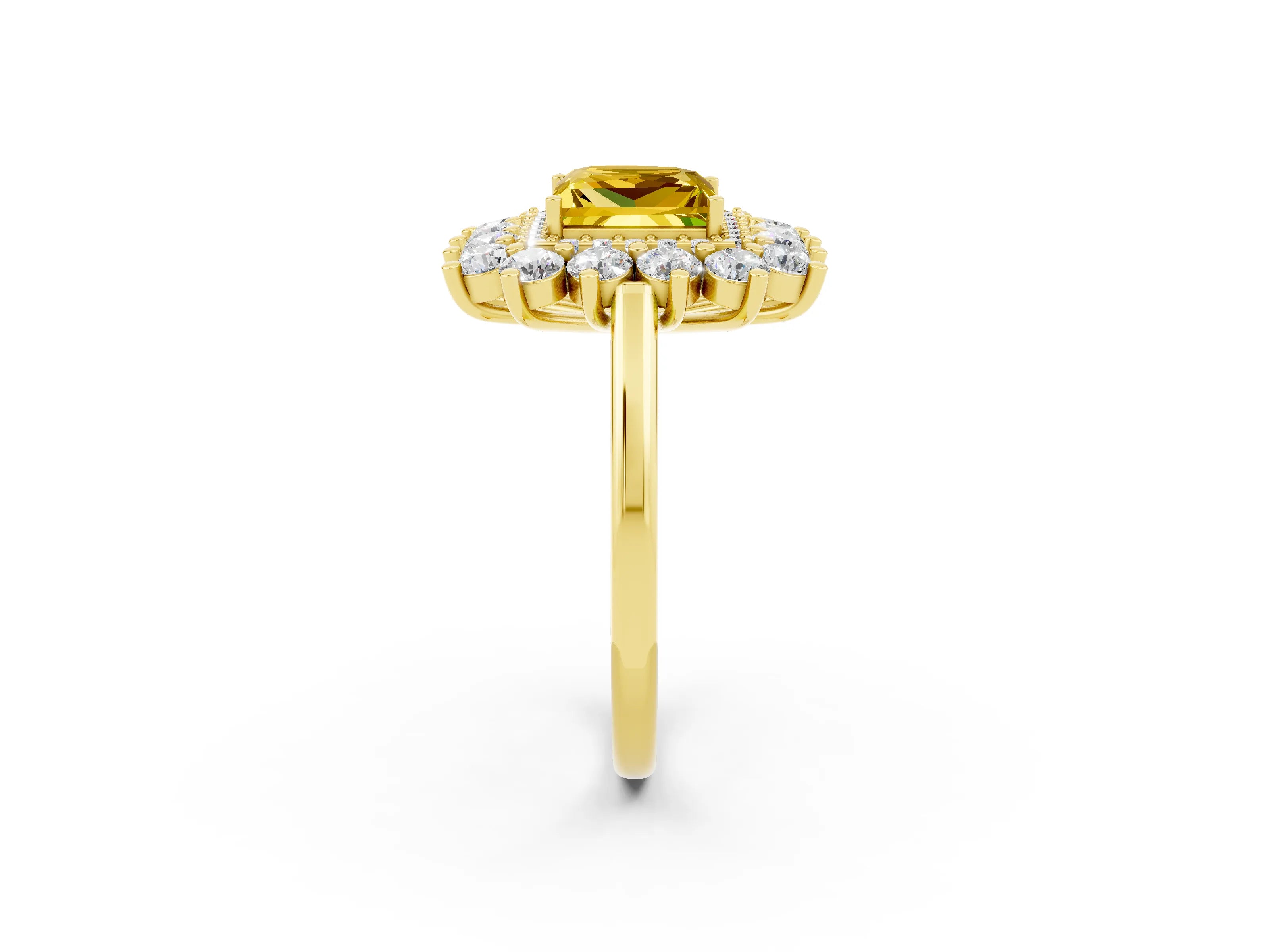 Yellow gold Princess Cut Halo Cluster Diamond Ring with Pave Band and Four-Prong Setting_20