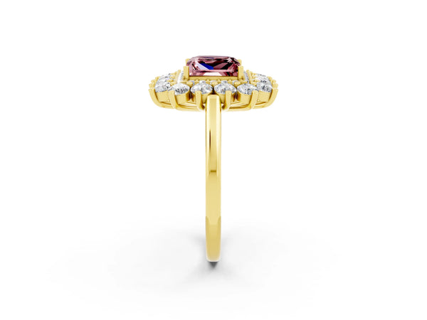 Yellow gold Princess Cut Halo Cluster Diamond Ring with Pave Band and Four-Prong Setting