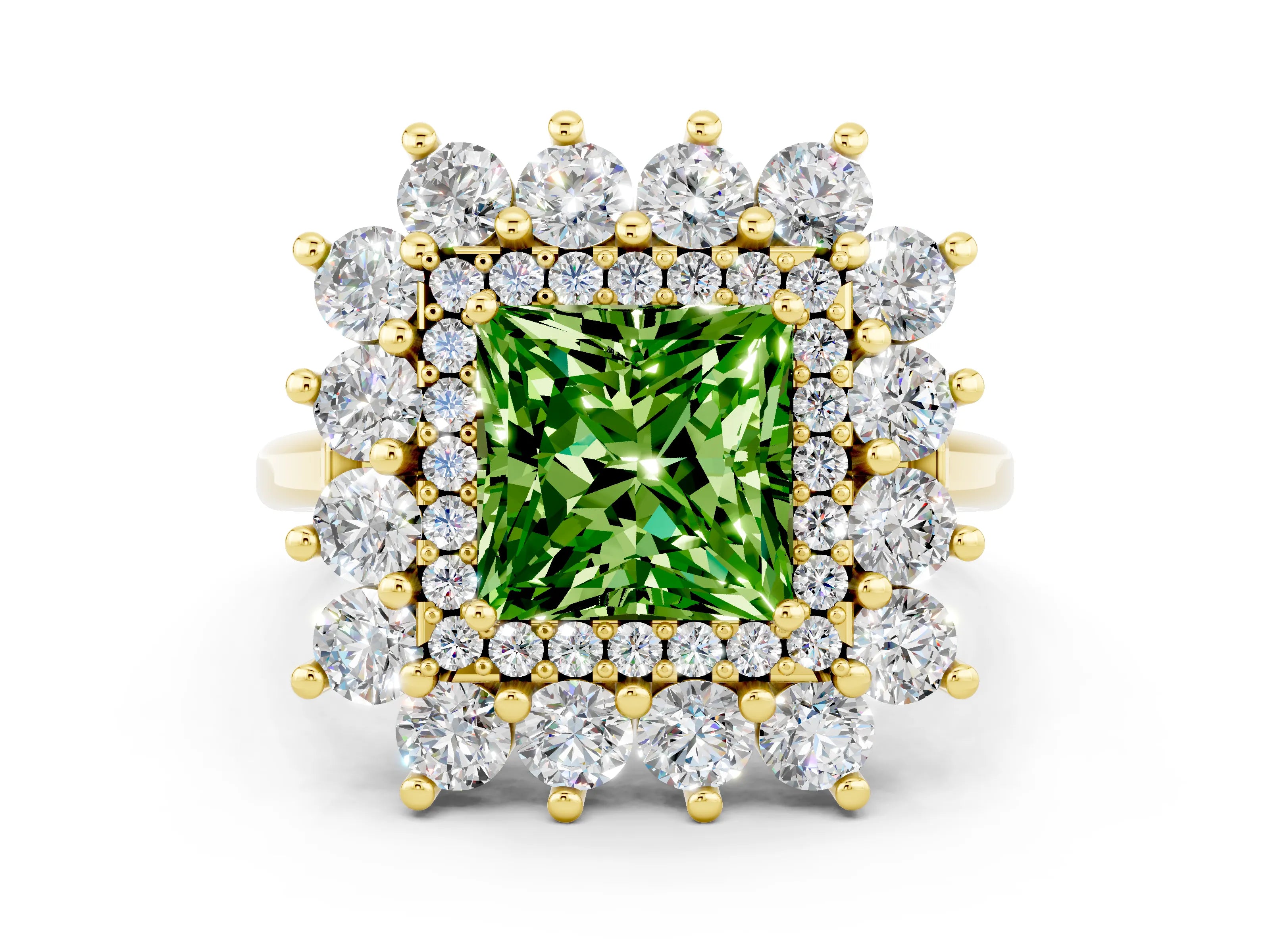 Yellow gold Princess Cut Halo Cluster Diamond Ring with Pave Band and Four-Prong Setting