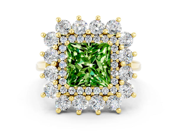 Yellow gold Princess Cut Halo Cluster Diamond Ring with Pave Band and Four-Prong Setting