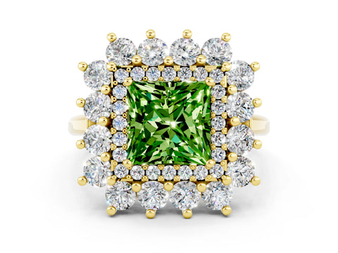 Yellow gold Princess Cut Halo Cluster Diamond Ring with Pave Band and Four-Prong Setting