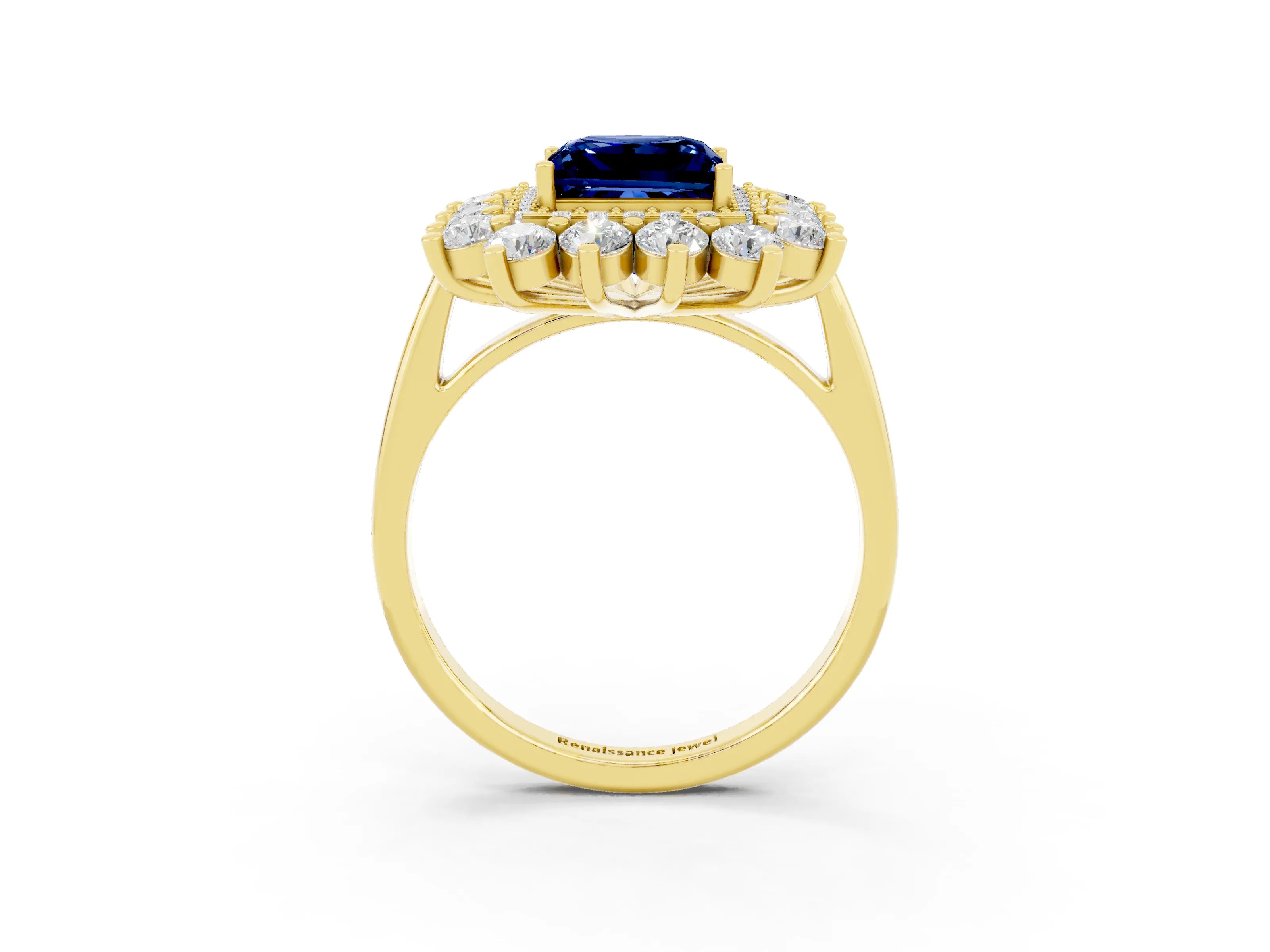 Yellow gold Princess Cut Halo Cluster Diamond Ring with Pave Band and Four-Prong Setting_21