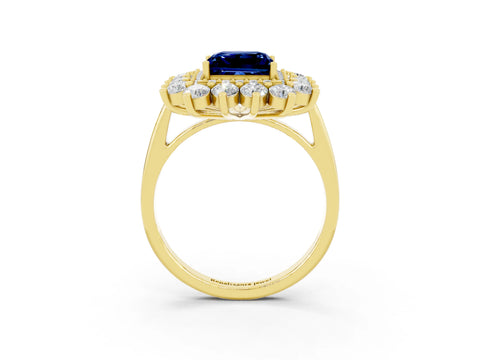 Yellow gold Princess Cut Halo Cluster Diamond Ring with Pave Band and Four-Prong Setting_21