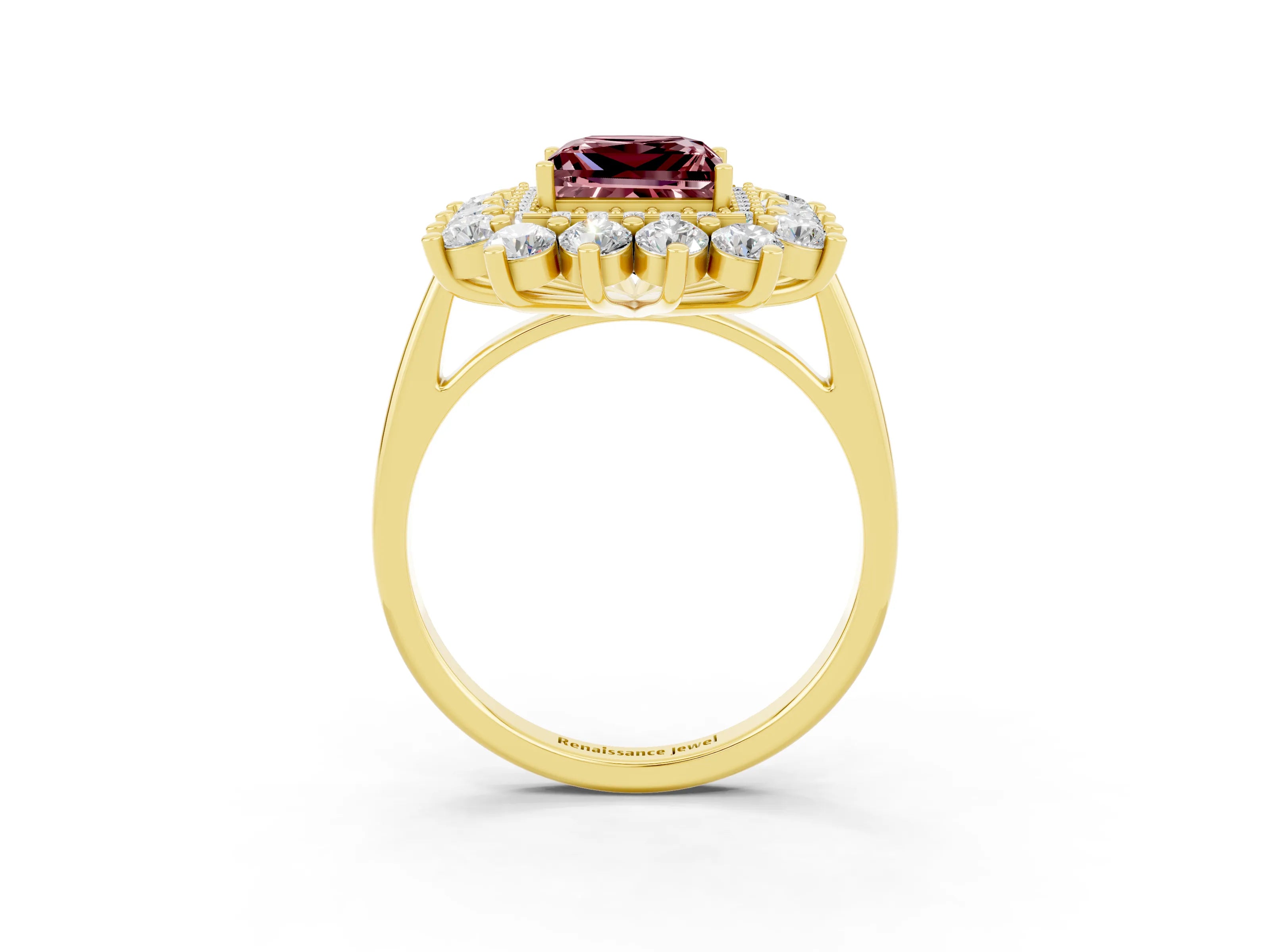 Yellow gold Princess Cut Halo Cluster Diamond Ring with Pave Band and Four-Prong Setting_21