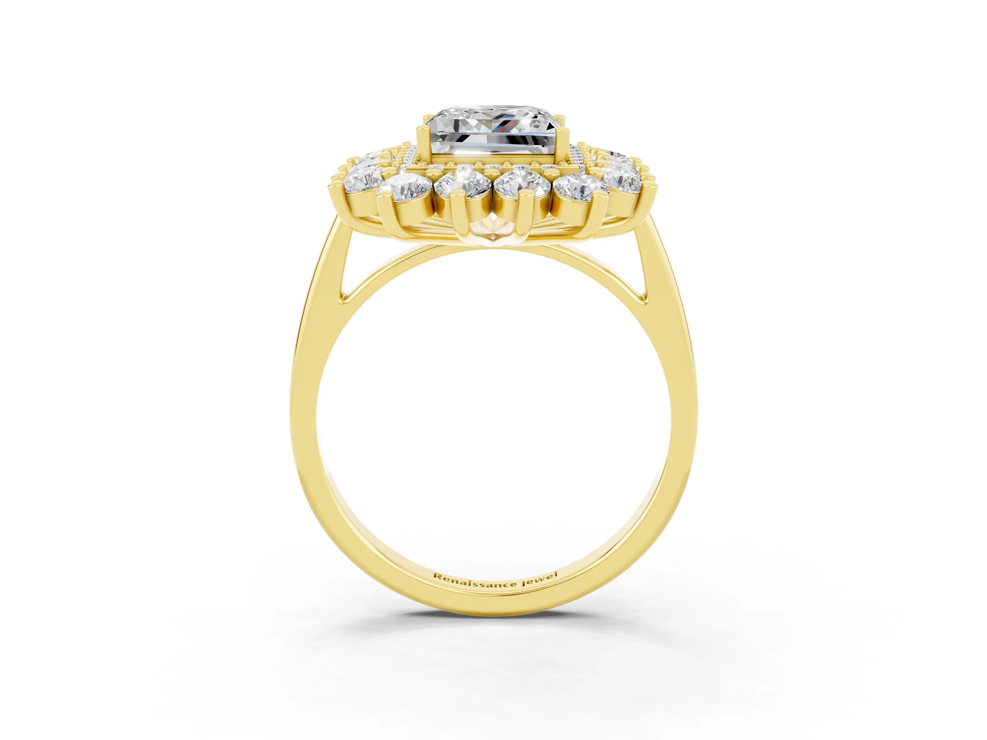 Yellow gold Princess Cut Halo Cluster Diamond Ring with Pave Band and Four-Prong Setting_21