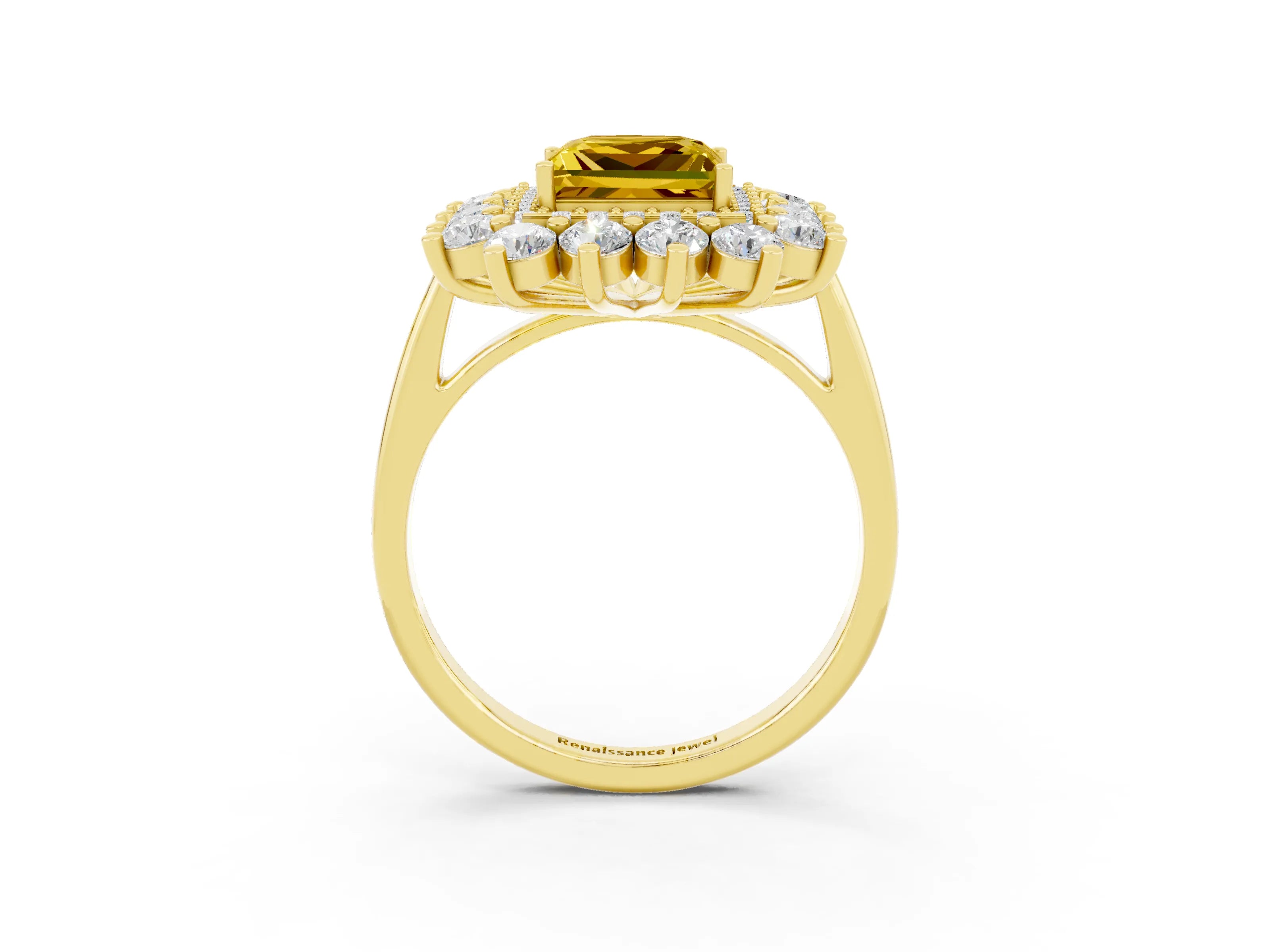 Yellow gold Princess Cut Halo Cluster Diamond Ring with Pave Band and Four-Prong Setting_21