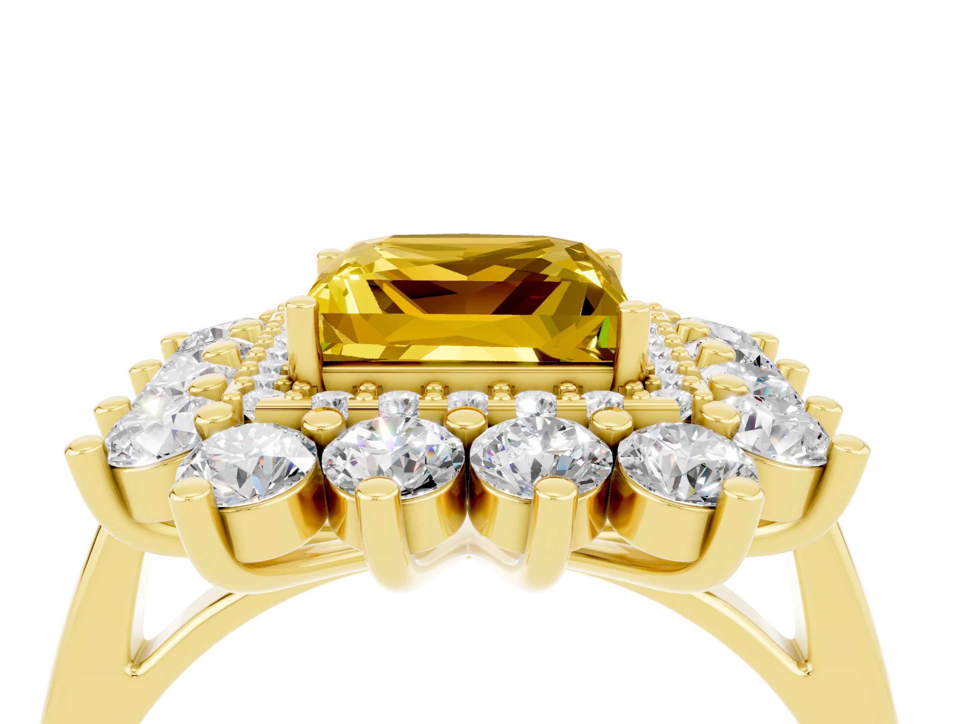 Yellow gold Princess Cut Halo Cluster Diamond Ring with Pave Band and Four-Prong Setting_22