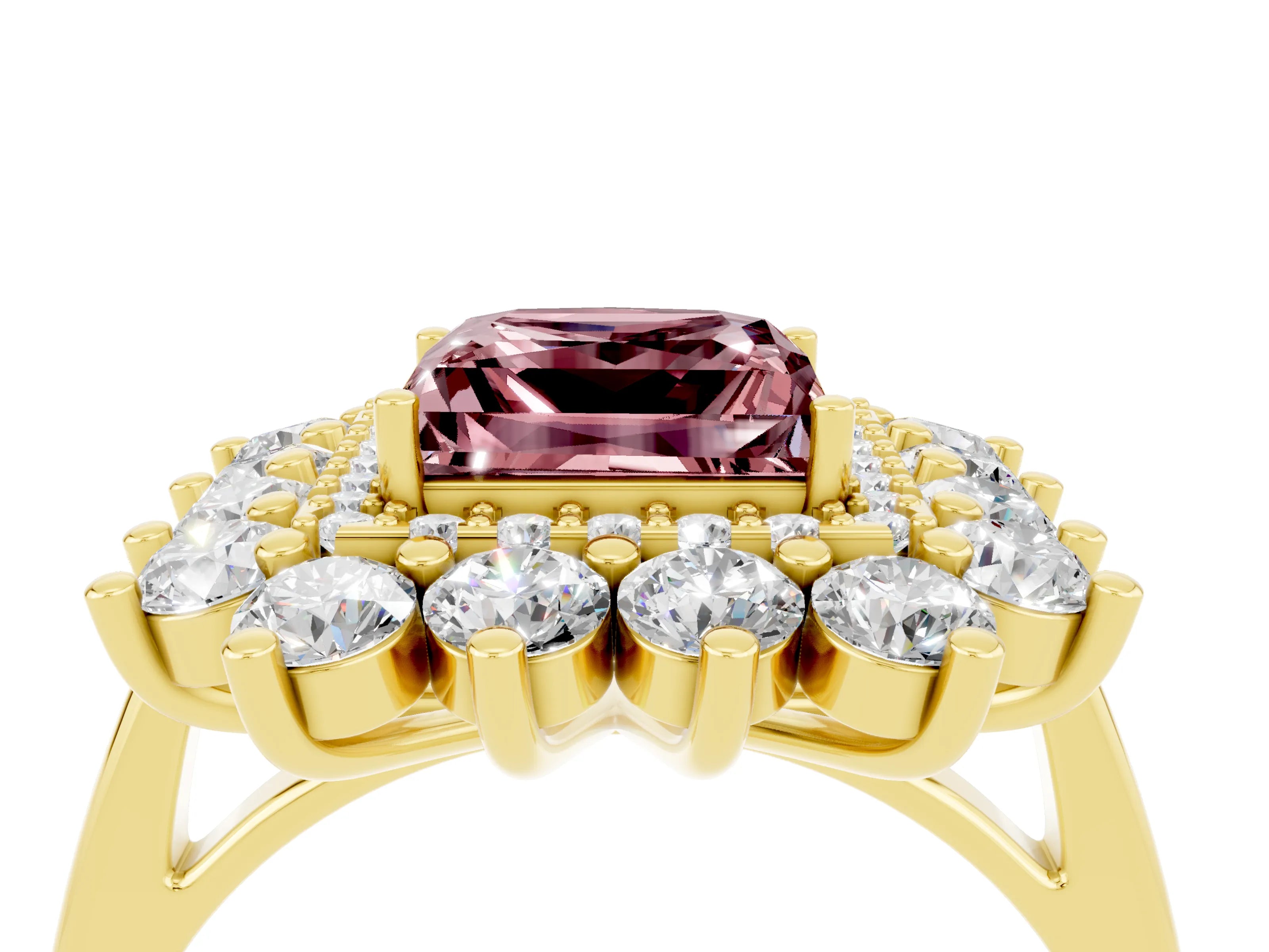 Yellow gold Princess Cut Halo Cluster Diamond Ring with Pave Band and Four-Prong Setting_22
