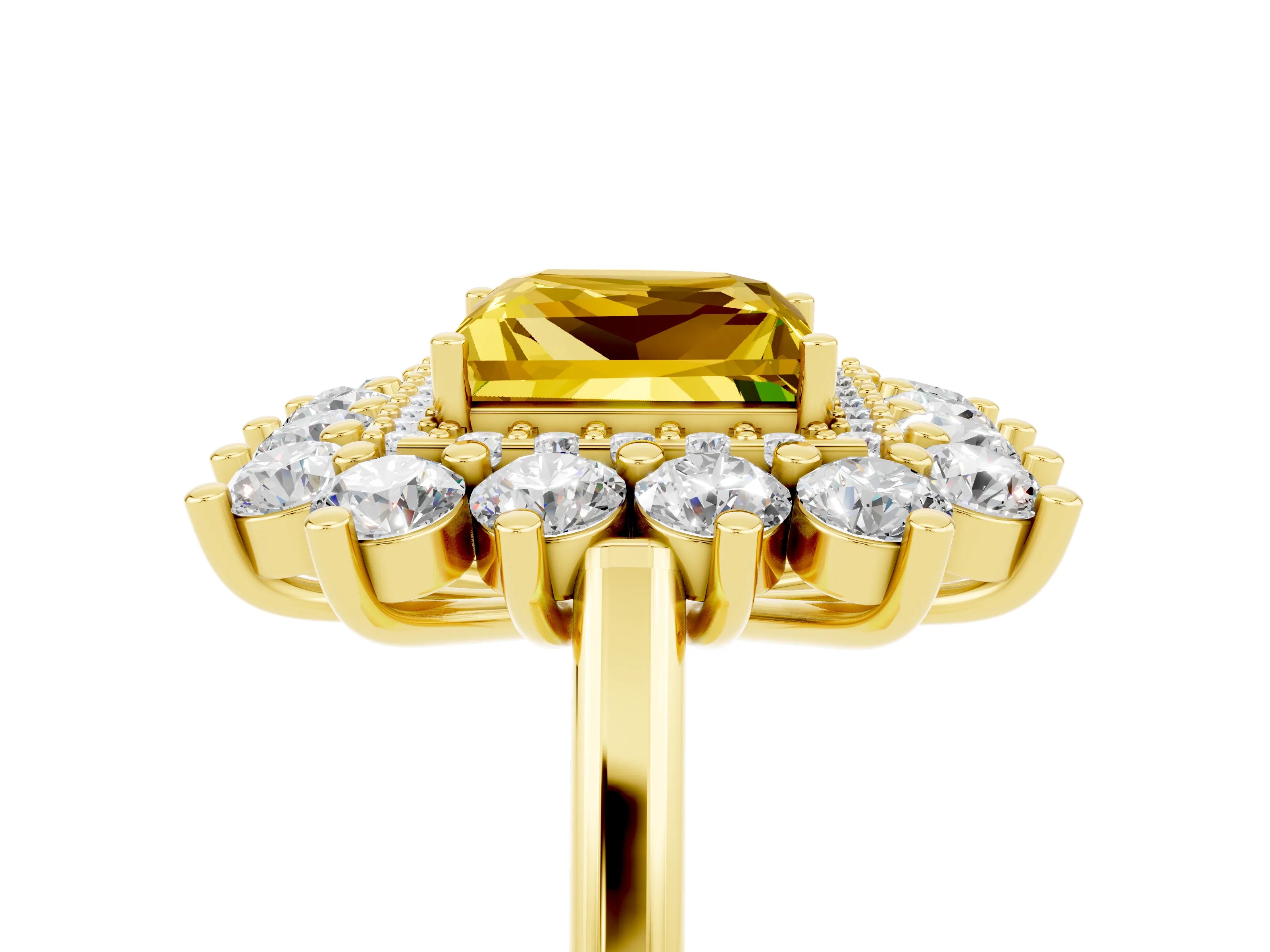 Yellow gold Princess Cut Halo Cluster Diamond Ring with Pave Band and Four-Prong Setting_23