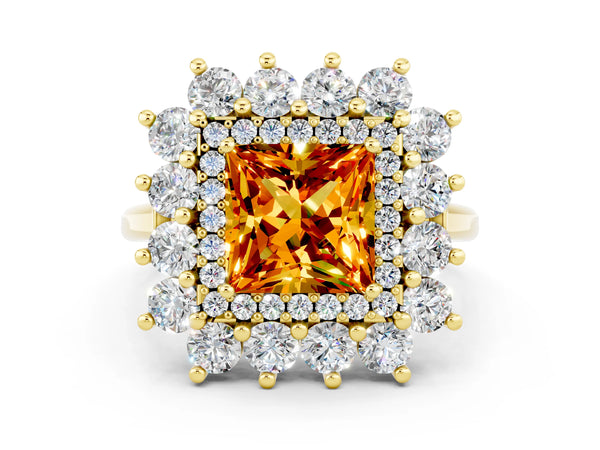 Yellow gold Princess Cut Citrine Floral Double Halo Engagement Ring with Prong Setting