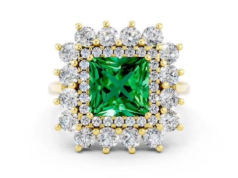 Yellow gold Princess Cut Halo Cluster Diamond Ring with Pave Band and Four-Prong Setting_24