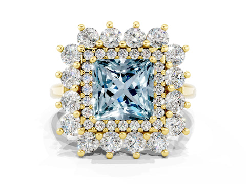 Yellow gold Princess Cut Halo Cluster Diamond Ring with Pave Band and Four-Prong Setting_24