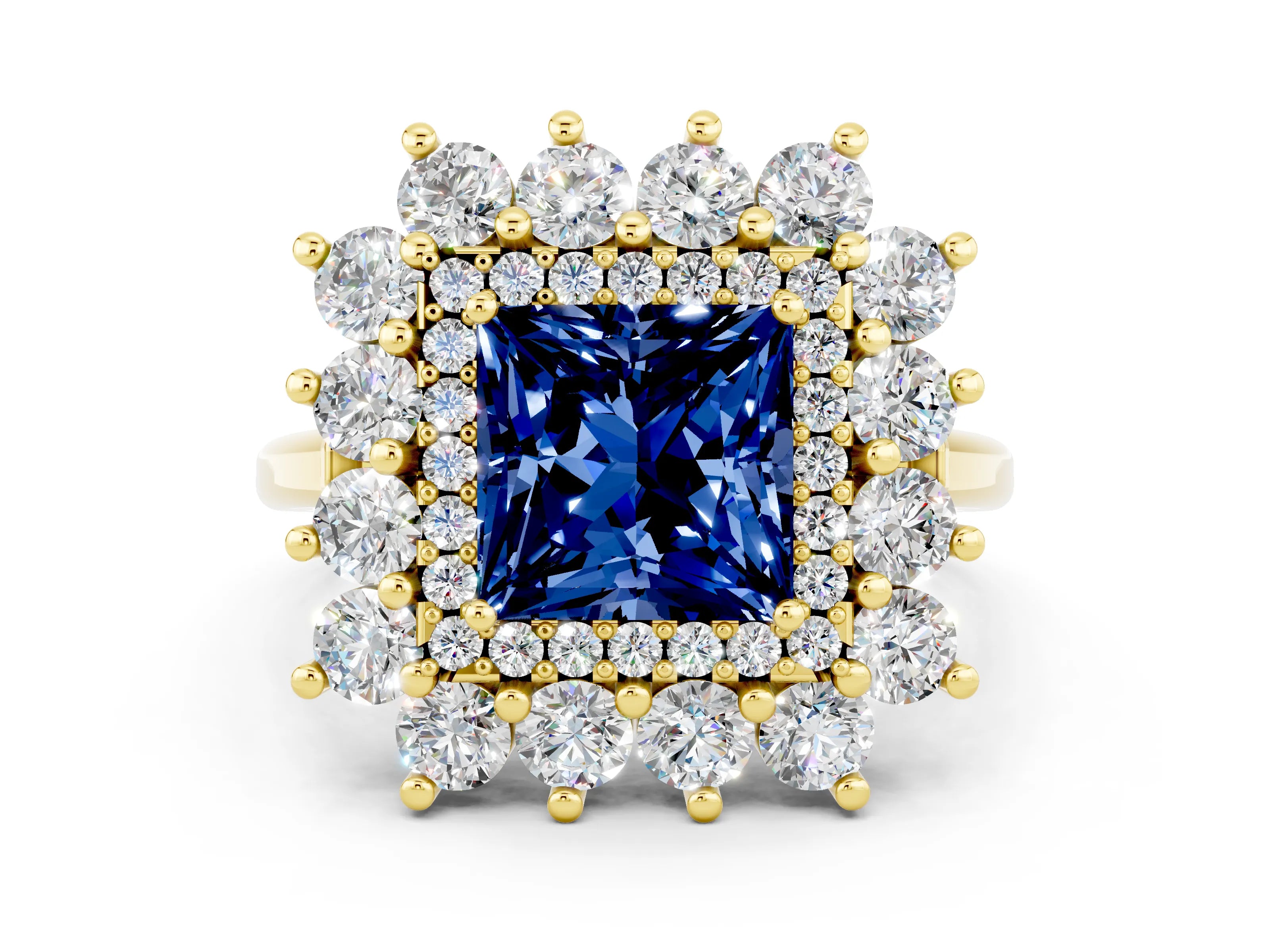 Yellow gold Princess Cut Halo Cluster Diamond Ring with Pave Band and Four-Prong Setting_24