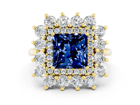 Yellow gold Princess Cut Halo Cluster Diamond Ring with Pave Band and Four-Prong Setting_24