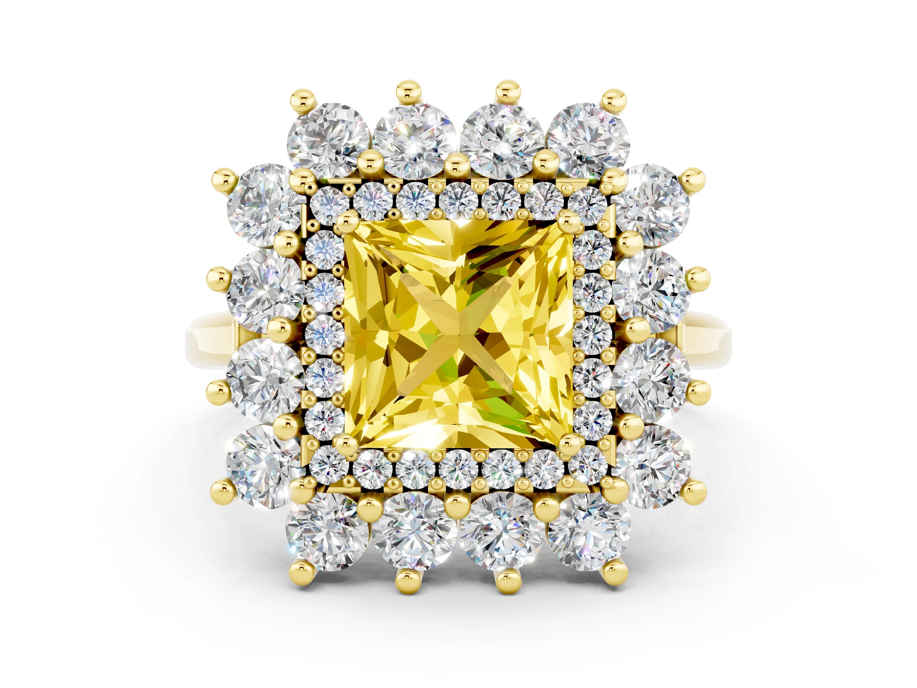 Yellow gold Princess Cut Halo Cluster Diamond Ring with Pave Band and Four-Prong Setting_24