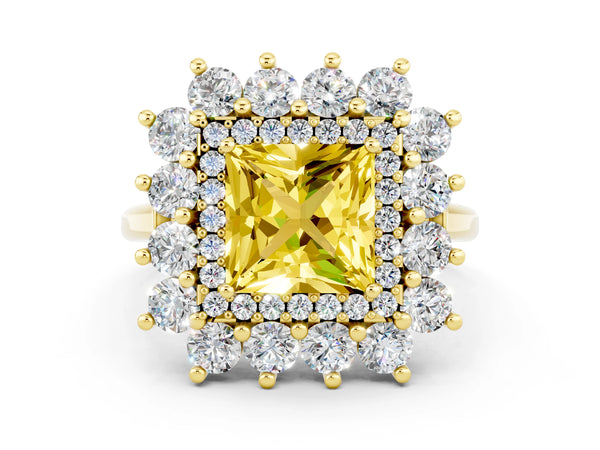 Yellow gold Princess Cut Yellow Sapphire Floral Double Halo Engagement Ring with Prong Setting