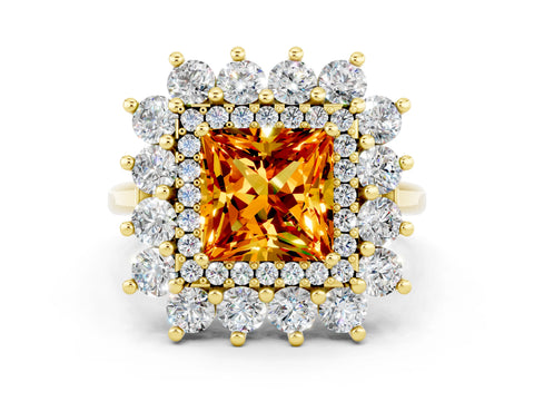 Yellow gold Princess Cut Halo Cluster Diamond Ring with Pave Band and Four-Prong Setting_24