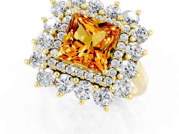 Yellow gold Princess Cut Citrine Floral Double Halo Engagement Ring with Prong Setting