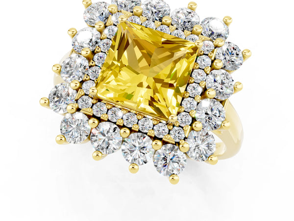 Yellow gold Princess Cut Yellow Sapphire Floral Double Halo Engagement Ring with Prong Setting