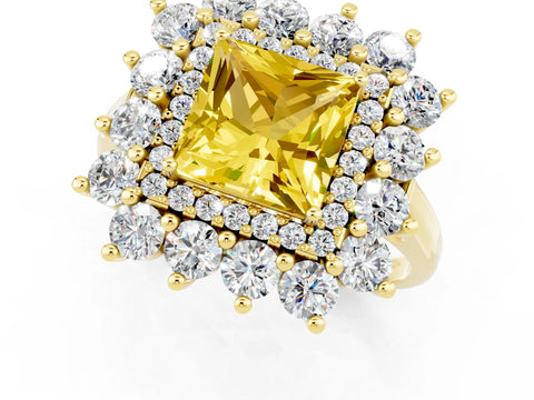 Yellow gold Princess Cut Halo Cluster Diamond Ring with Pave Band and Four-Prong Setting_25