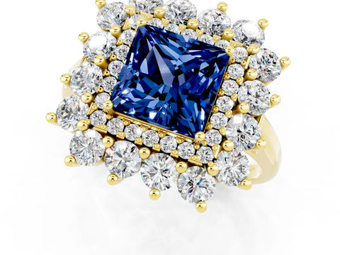 Yellow gold Princess Cut Halo Cluster Diamond Ring with Pave Band and Four-Prong Setting_25