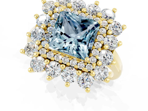 Yellow gold Princess Cut Halo Cluster Diamond Ring with Pave Band and Four-Prong Setting_25