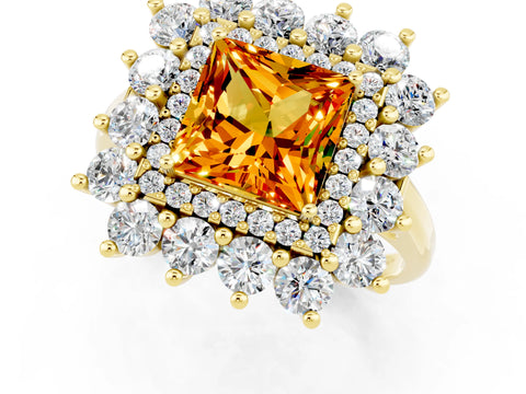 Yellow gold Princess Cut Halo Cluster Diamond Ring with Pave Band and Four-Prong Setting_25