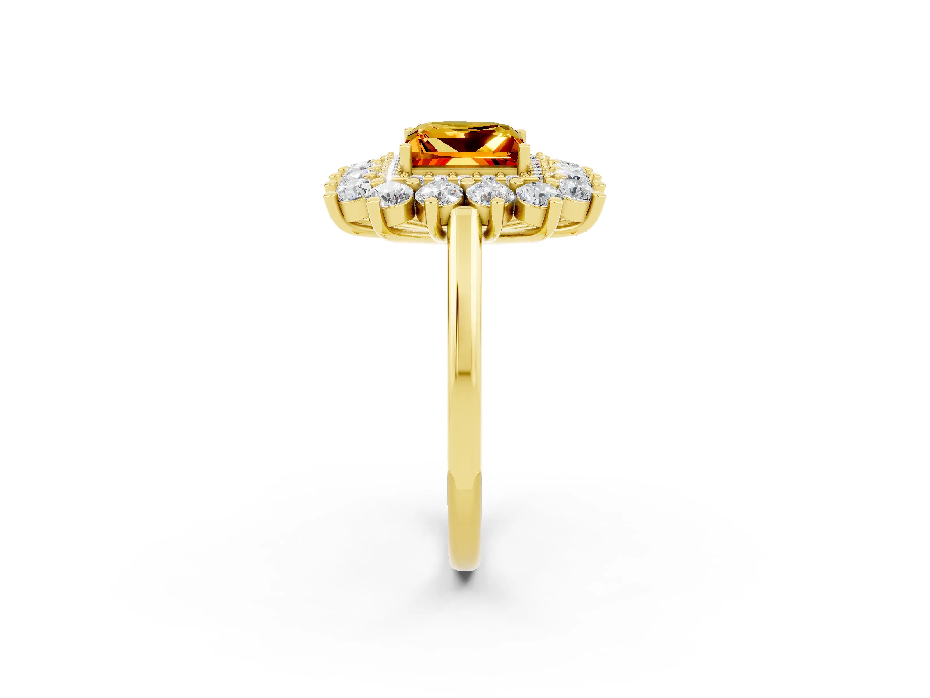 Yellow gold Princess Cut Halo Cluster Diamond Ring with Pave Band and Four-Prong Setting_26