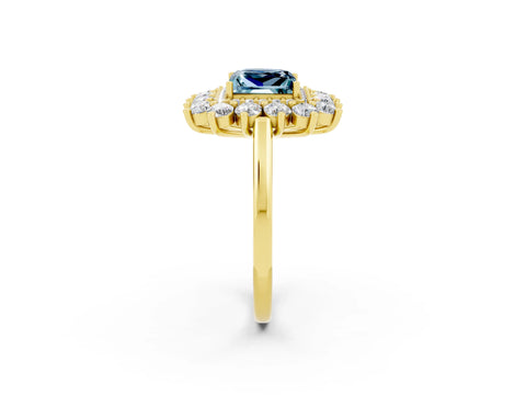 Yellow gold Princess Cut Halo Cluster Diamond Ring with Pave Band and Four-Prong Setting_26