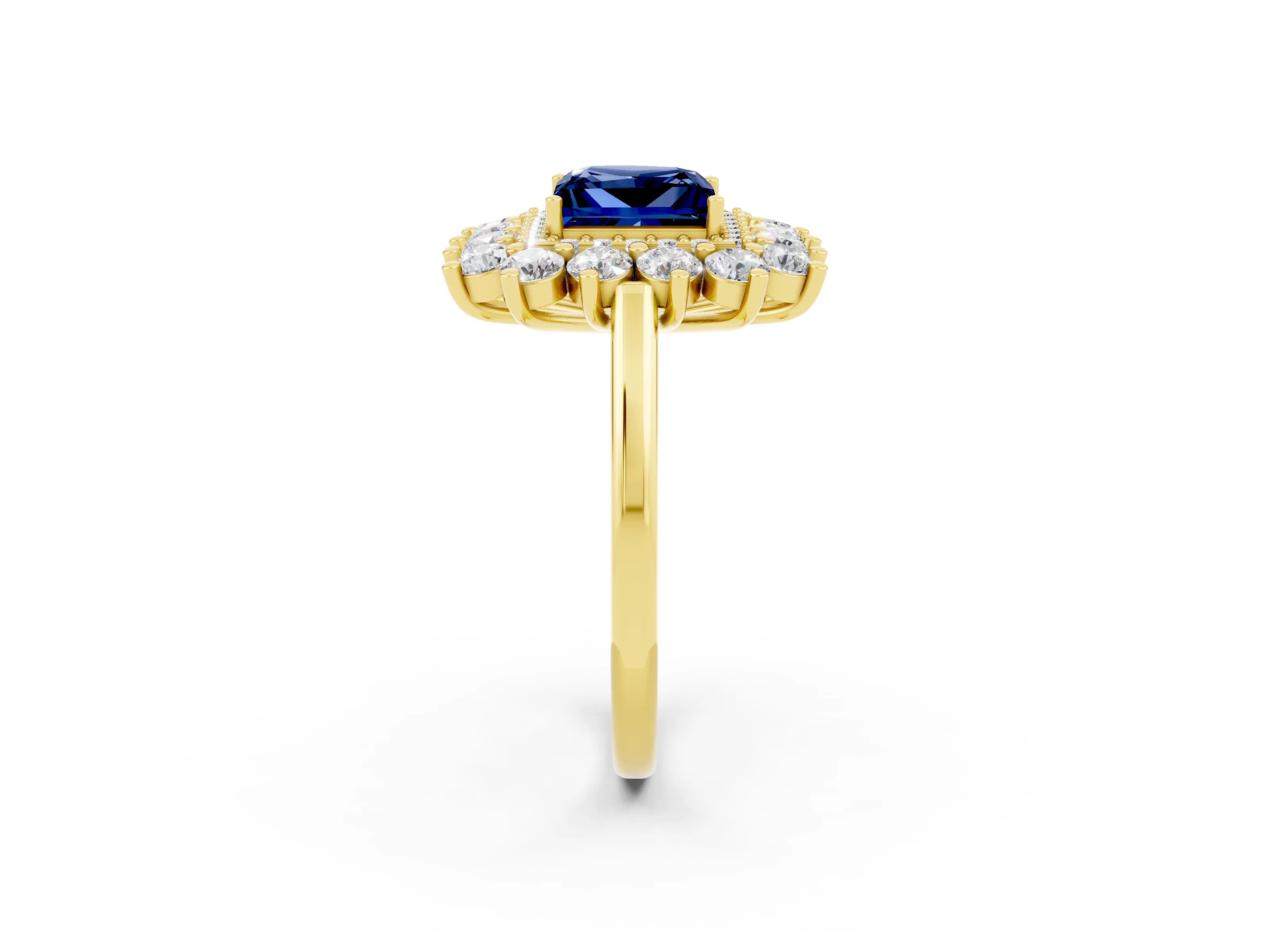 Yellow gold Princess Cut Halo Cluster Diamond Ring with Pave Band and Four-Prong Setting_26