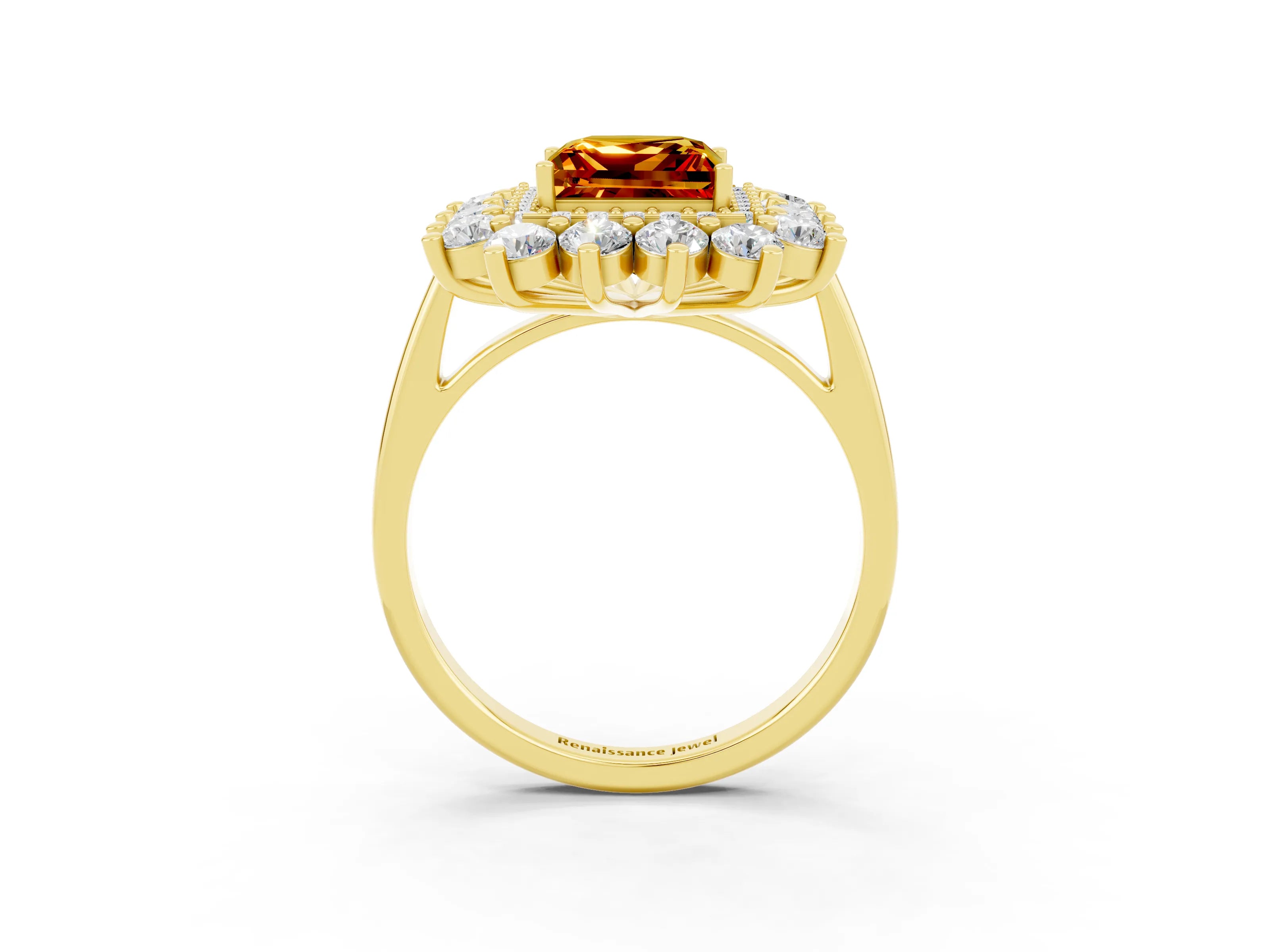 Yellow gold Princess Cut Halo Cluster Diamond Ring with Pave Band and Four-Prong Setting_27