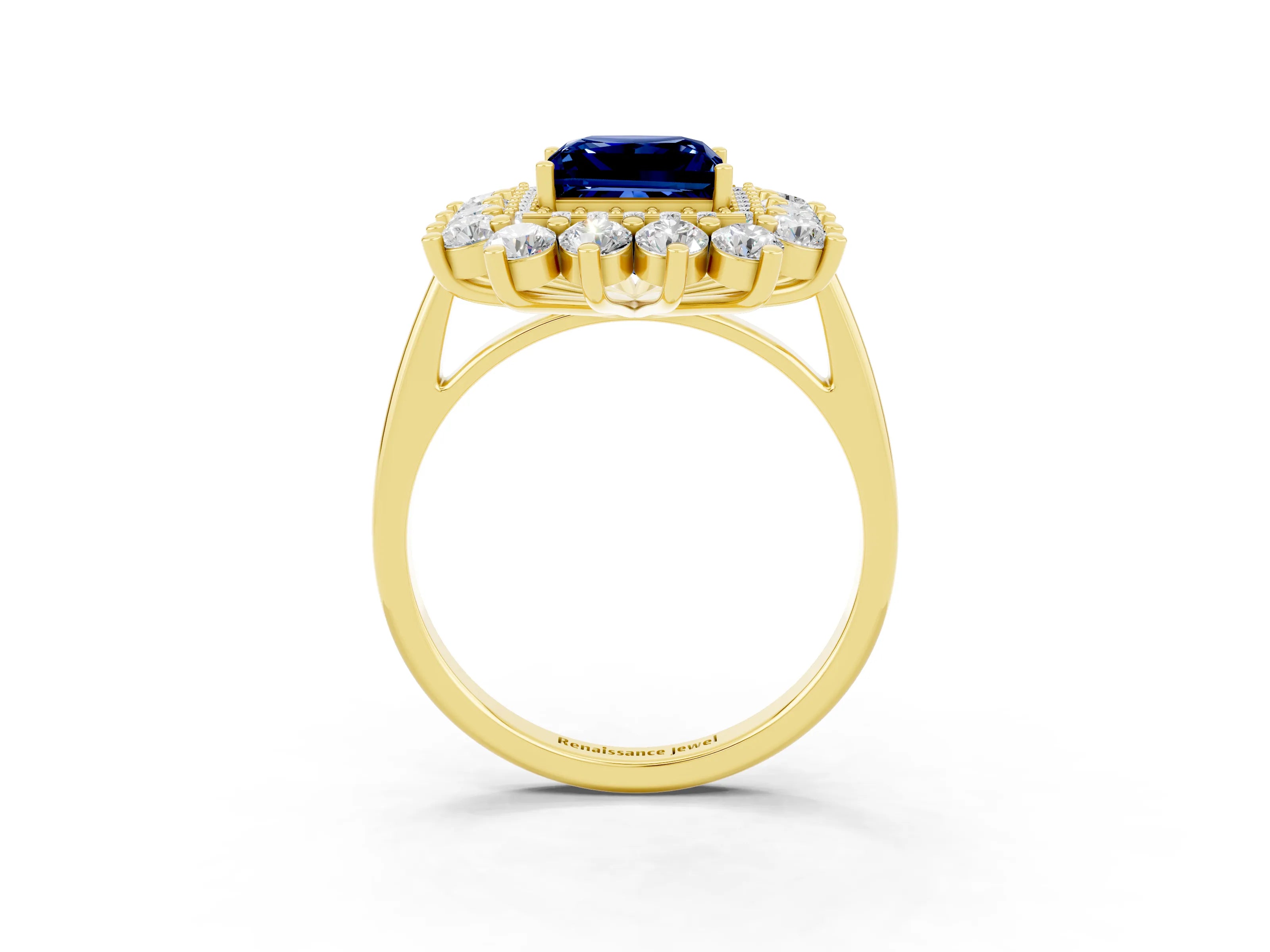 Yellow gold Princess Cut Halo Cluster Diamond Ring with Pave Band and Four-Prong Setting_27
