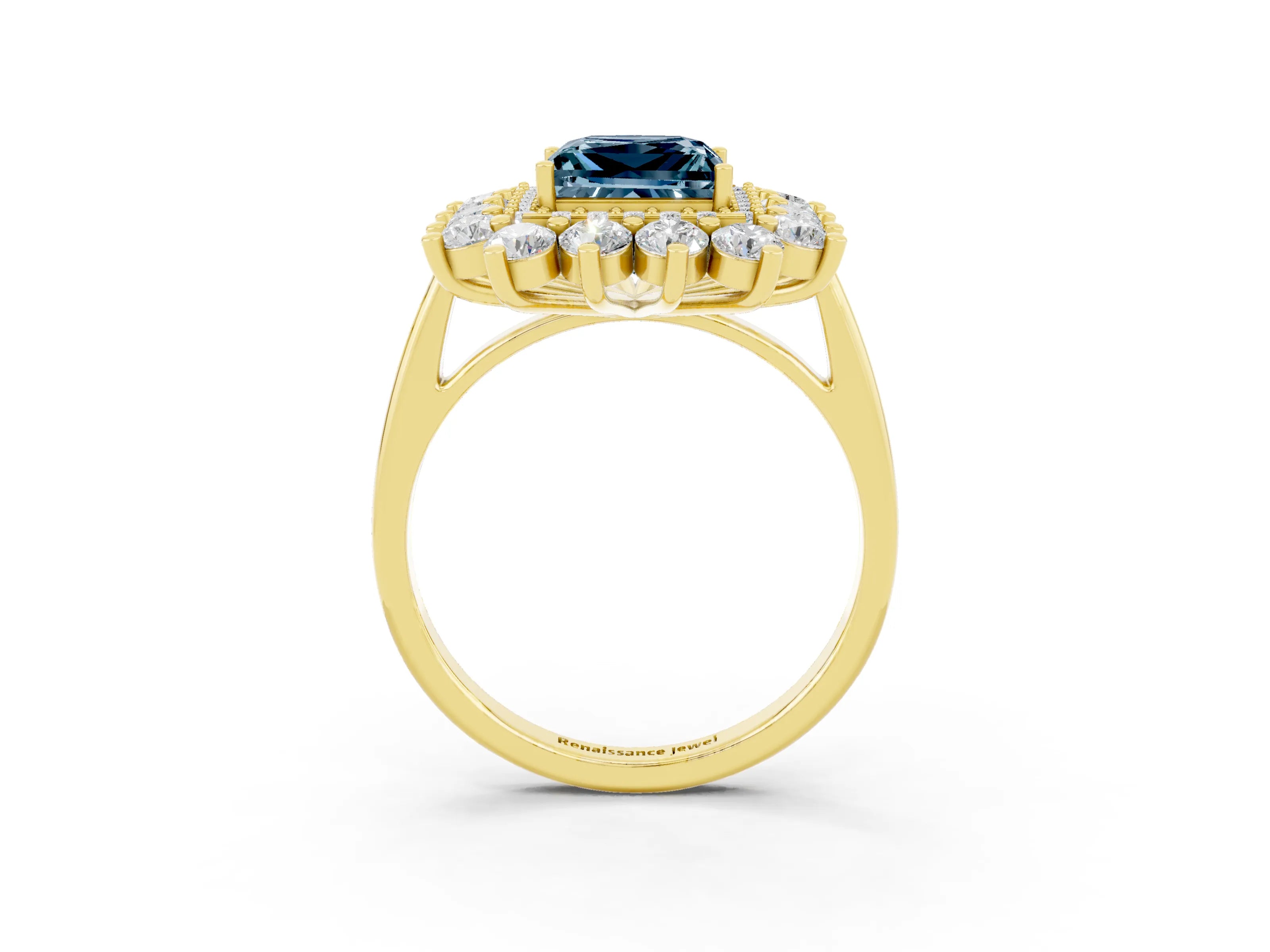 Yellow gold Princess Cut Halo Cluster Diamond Ring with Pave Band and Four-Prong Setting_27