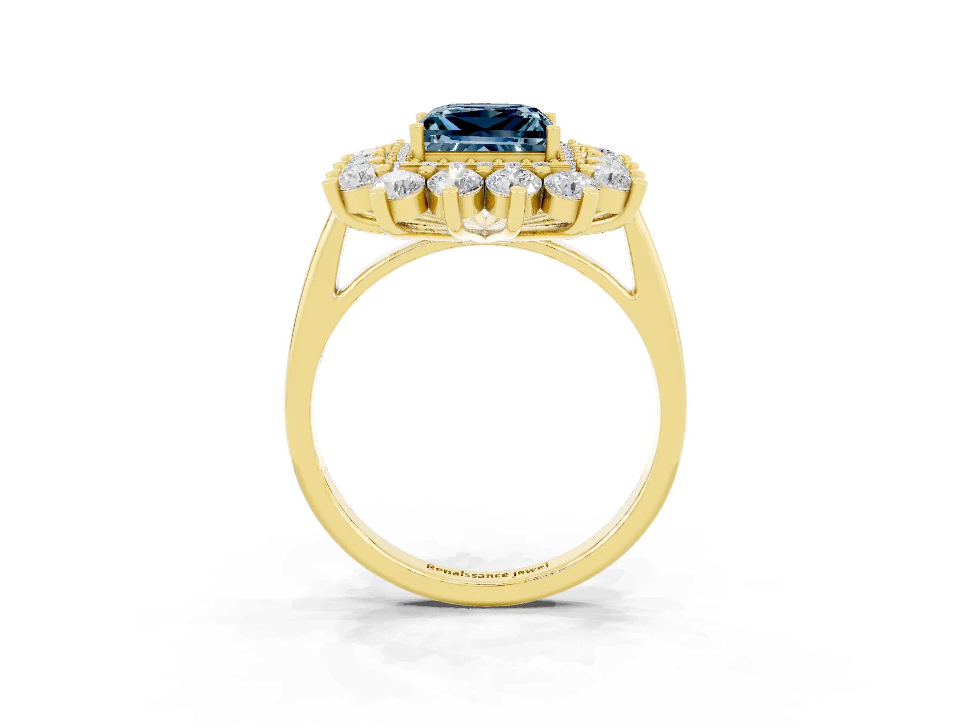 Yellow gold Princess Cut Halo Cluster Diamond Ring with Pave Band and Four-Prong Setting_27
