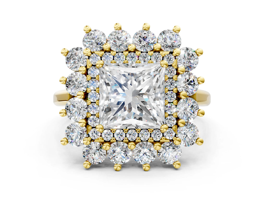 Yellow gold Princess Cut Halo Cluster Diamond Ring with Pave Band and Four-Prong Setting_29