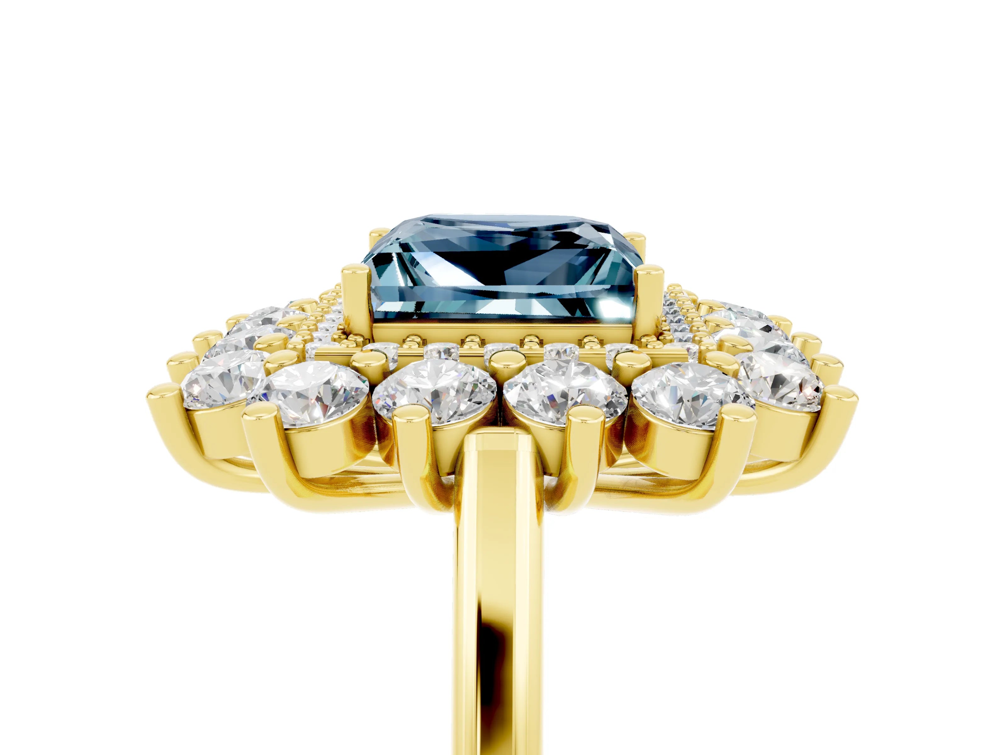 Yellow gold Princess Cut Halo Cluster Diamond Ring with Pave Band and Four-Prong Setting_29