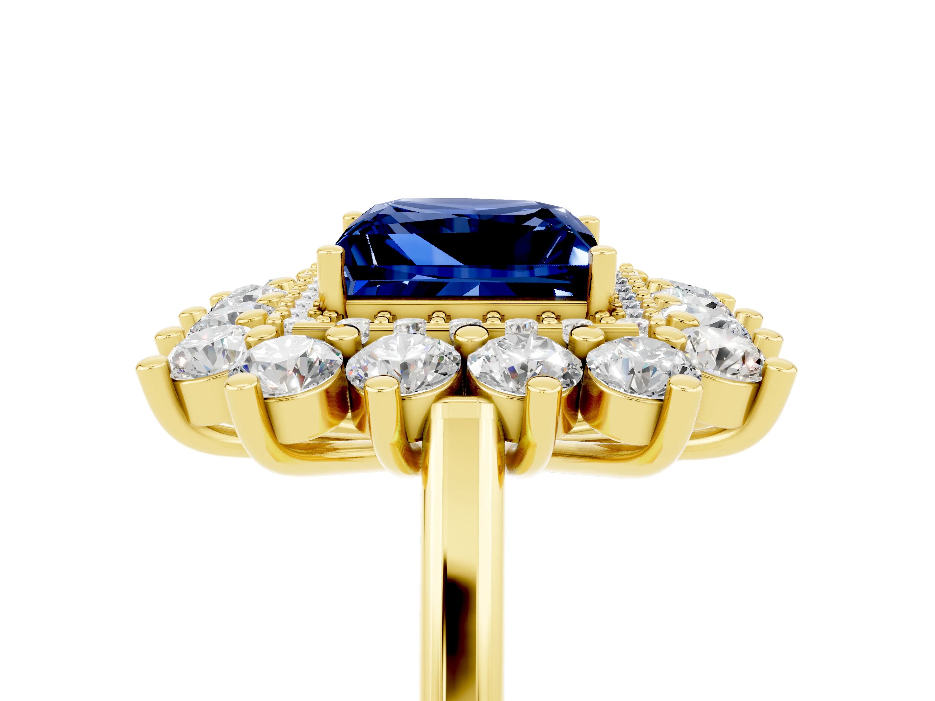 Yellow gold Princess Cut Halo Cluster Diamond Ring with Pave Band and Four-Prong Setting_29