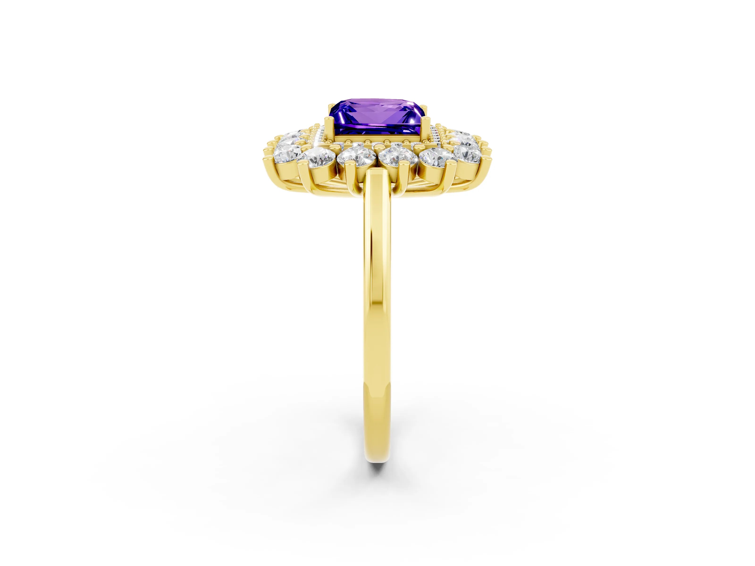 Yellow gold Princess Cut Halo Cluster Diamond Ring with Pave Band and Four-Prong Setting_2