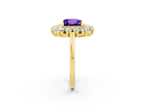 Yellow gold Princess Cut Halo Cluster Diamond Ring with Pave Band and Four-Prong Setting_2